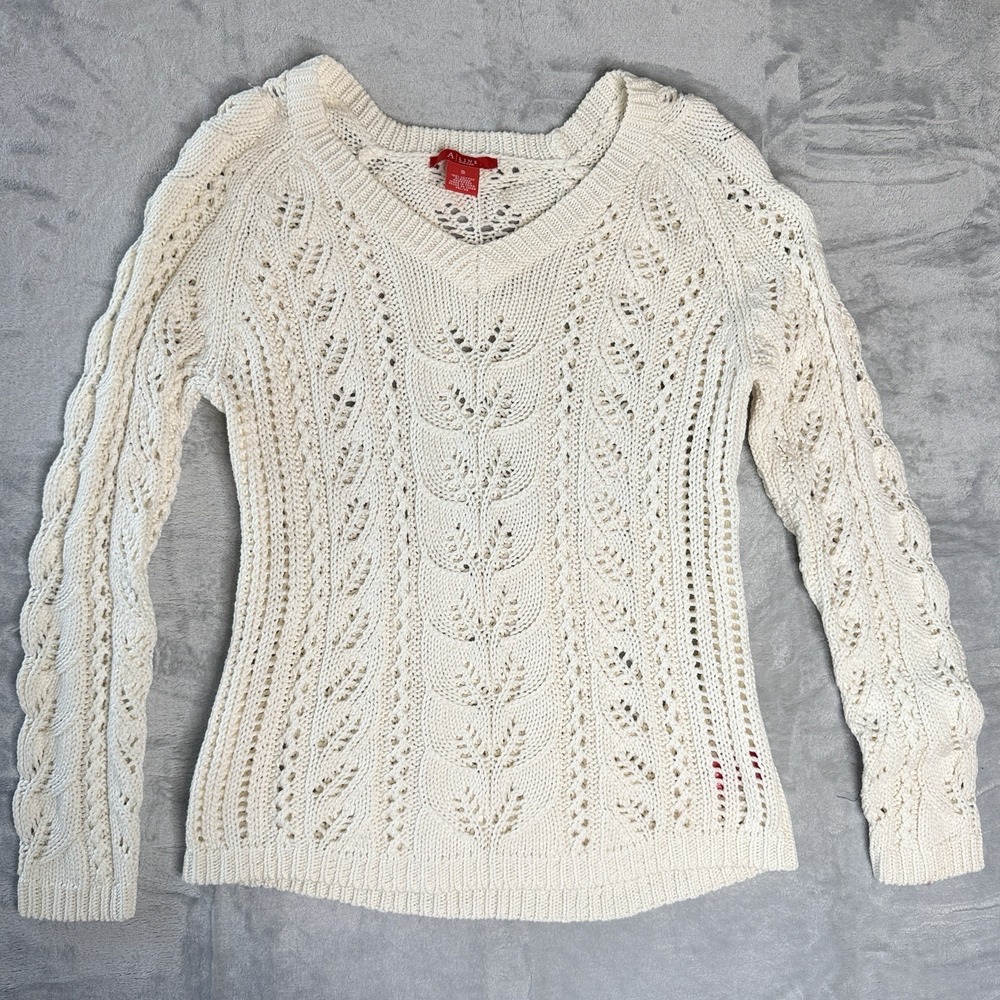 Anne Klein Ivory Pointelle Cable‎ Knit Cotton Sweater S Cottagecore Y2K Boho